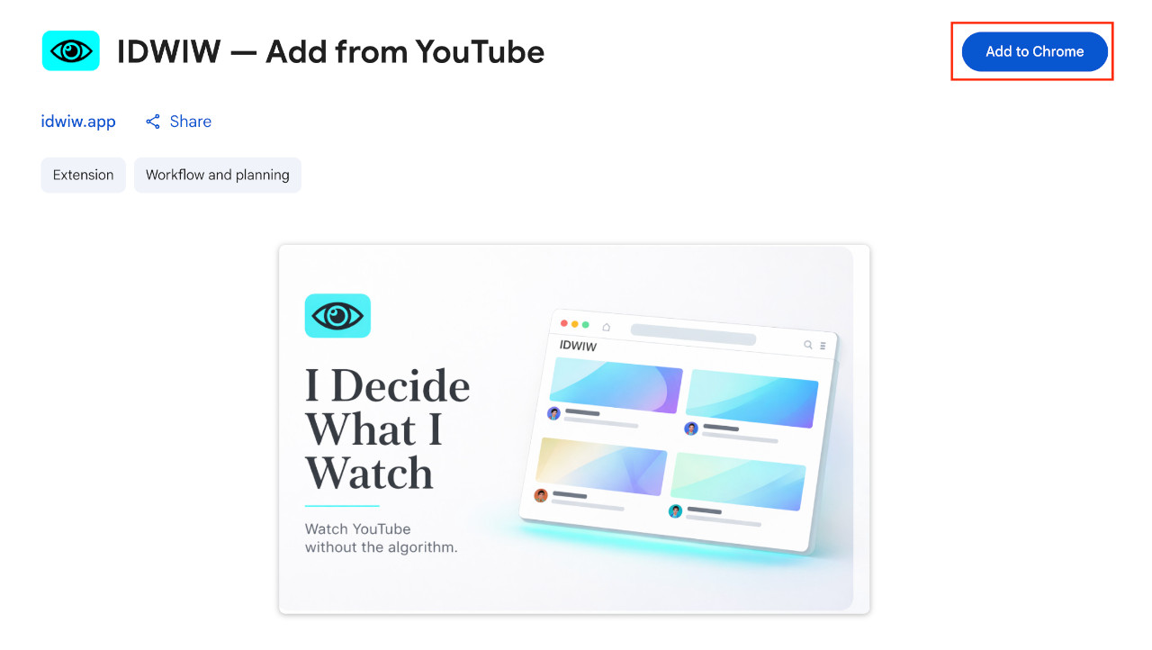 Chrome ウェブストアのIDWIW拡張機能ページ。「Chromeに追加」ボタンが強調表示されている